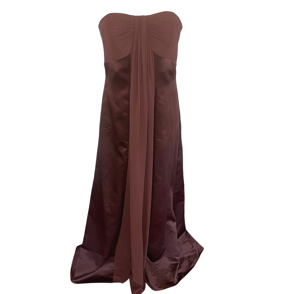 Davids Bridal Chocolate Brown Strapless Satin Chiffon Maxi Gown Dress Size 0